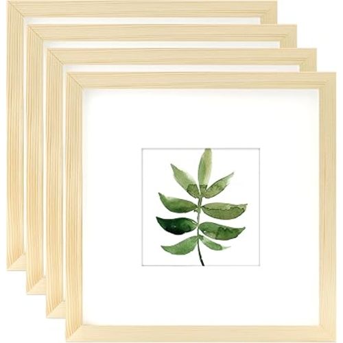 Wood 8x8 Picture Frames Set of 4 Display Pictures 4x4 with Mat or 8x8 without Mat for Wall and Tabletop Photo Frame
