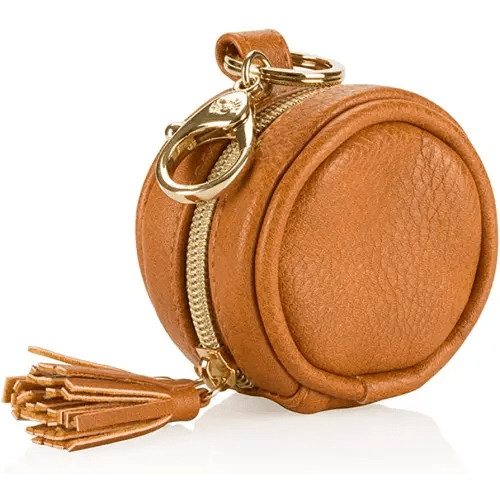 Itzy Ritzy Pacifier Holder Case with Clip - Pacifier Case Includes Clasp to Easily Attach to a Diaper Bag or Purse, Measures 2.5" in Diameter and Holds 2 Pacifiers (Cognac)