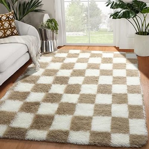 KICMOR Area Rugs for Bedroom Living Room, 4x6 Fluffy Soft Beige and Cream White Checkered Rug Fuzzy Shag Shaggy Carpet, Indoor Plush Rugs for Kids Boys Girls Dorm Nursery Office Home Decor Aesthetic