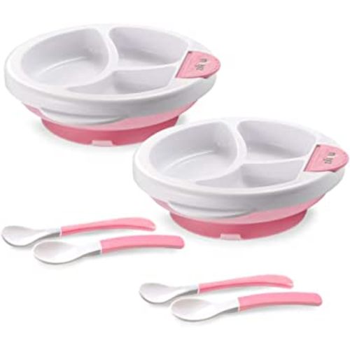 Matyz 2-Pack Baby Feeding Suction Warm Plate with Draining and Drying Design - Stay Put Divided Plate for Kids - Including 2 Toddler Plates and 4 Spoons - Microwave & Dishwasher Safe (Pink)