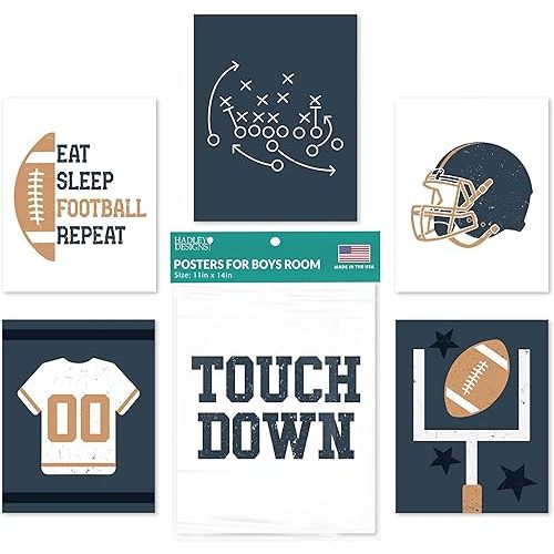 Hadley Designs Football Posters for Boys Bedroom - Sports Wall Decor, Toddler Room Signs, 6 Piece Set