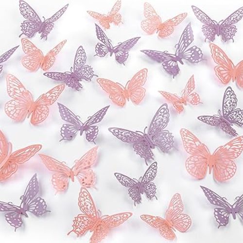 Phuryllic Butterfly Wall Decor, 48pcs 3D Butterfly Stickers in 3 Sizes & 4 Styles for Balloon Arch & Cake Decorations, Cute Decals for Girls Room & Birthday Party, Pink & Purple