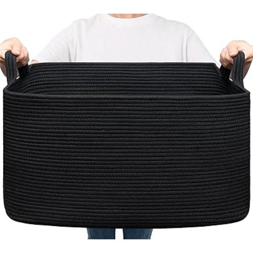 Goodpick Large Laundry Basket, Blanket Basket Living Room, Storage Basket for Toys, Towels, Woven Baskets for Storage, Rope Basket, Dirty Clothes Basket, Rectangle Basket, 21.6" x 14.9" x 11.8", Black