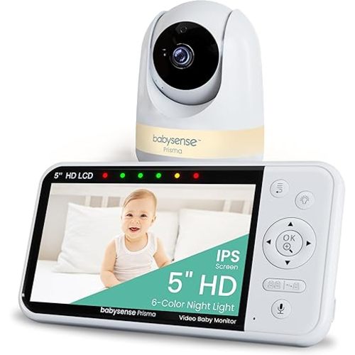 Babysense PRO Full HD 5.5" Split Screen Baby Monitor with 2 Cameras, 6-Color Night Light, White Noise, Sound & Light Machine, 20-Hour Battery, Hack-Proof Non-WiFi Secure Connection