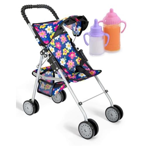 fash n kolor® - Doll Stroller My First Baby Doll Strollers Toy - Flower Design with Basket in The Bottom- Doll Accessories 2 Free Magic Bottles Included (Flower Design)