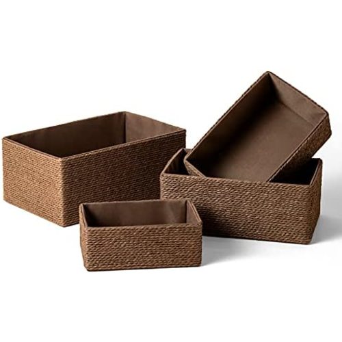 Paper Rope Woven Storage Basket Set of 4 with Fabric Liner, Stackable Multipurpose Organizer Bin, Brown
