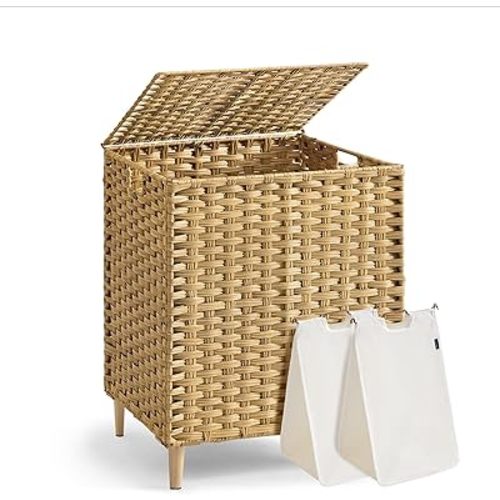 SONGMICS 2-Section Laundry Hamper with Lid, 29 Gal (110L) PE Rattan Laundry Basket with Removable Washable Liners, for Bedroom & Living Room, Goose Yellow ULCB222YE01