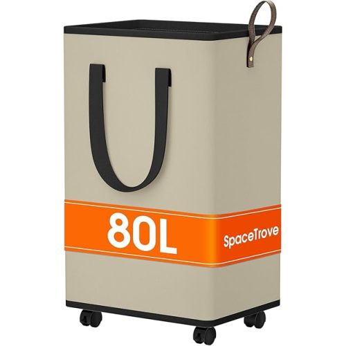 Laundry Basket with Wheels, Collapsible Laundry Baskets, Laundry Hamper with Handles Detachable Wheels, Rolling Laundry Basket, Dirty Clothes Hamper for Bathroom, Dorm, Bedroom, Beige, 80L