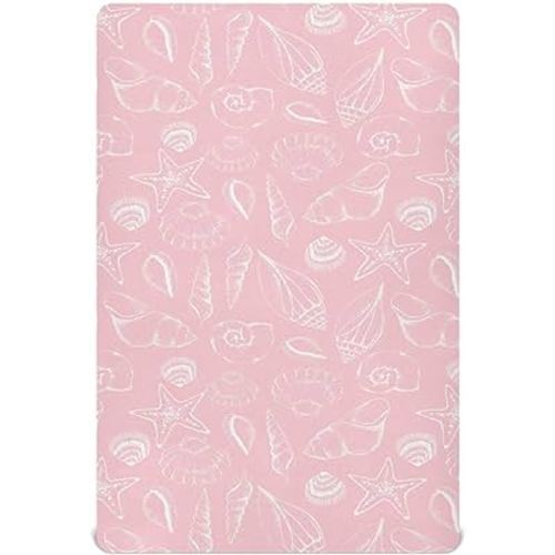 Pink Seashells Crib Sheets for Boys Girls, 52x28 Inch Soft and Breathable Pack n Play Sheets, Portable Mini Stretchy Cribs Sheets