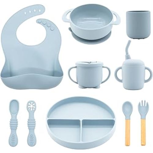 Silicone Baby Feeding Set 10 Pcs, Baby Led Weaning Supplies, Baby Feeding Supplies Set BPA Free, Baby Essentials for Newborn Gift Blue