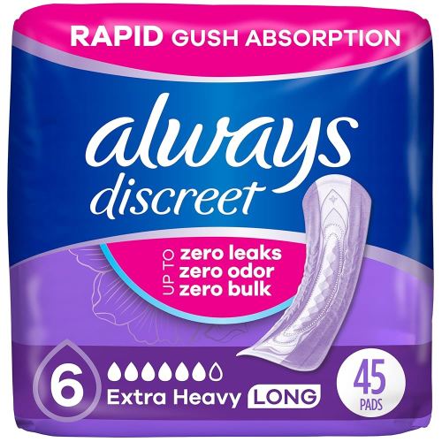 Always Discreet Adult Incontinence Pads for Women, Extra Heavy Absorbency, Long Length, Postpartum Pads, 45 Count (Packaging May Vary)