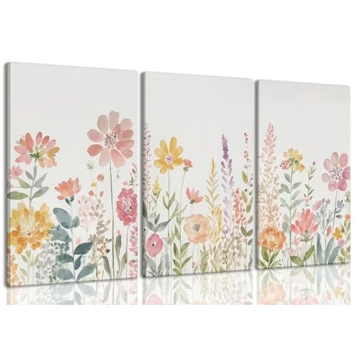 ZQARTZZQ Wildflower Wall Art Watercolor Flower Framed Canvas Colorful Floral Pictures Decor Botanical Prints Floral Painting Set of 3 Artwork for Living Room Bedroom Bathroom 12x16in