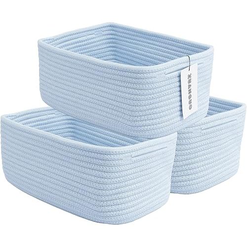 Small Woven Storage Baskets 12“X8”X5“ Decorative Rope Bins for Organizing Shelves, Closets, and Toys, Empty Gift Baskets, Cute Organizer Basket for Home and Office (blue, regular)