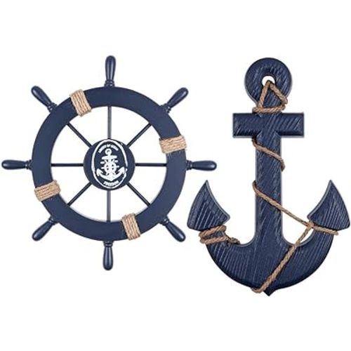 MDLUU Wooden Nautical Ship Steering Wheel, Small Ship Rudder and Anchor Wall Decor Set, 11" Navy Blue Helm Wheel Beach Theme Hanging Ornament