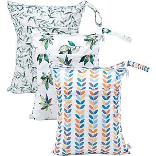 babygoal Wet Dry Bags for Baby Cloth Diapers, Washable Travel Bags, Beach, Pool, Gym Bag for Swimsuits & Wet Clothes with Two Zippered Pockets 3 Pack 3LN08