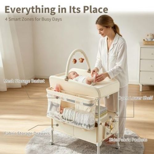 Portable Baby Changing Table with Drawers, Foldable Diaper Changing Station for Newborns, Mobile Nursery Organizer with Waterproof Pad