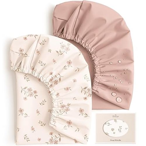 Konssy Waterproof Changing Pad Covers 2 Pack, Soft Fabric Wipeable Diaper Table Sheets for Baby Girls Boys, Boho Nursery Gift Set, Fits Standard 16x32 (Blossom)