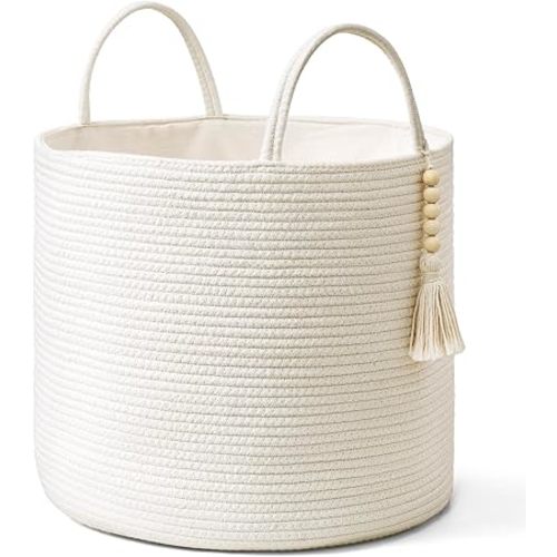 Mkono Woven Storage Basket Decorative Natural Rope Basket Wooden Bead Decoration for Blankets,Toys,Clothes,Shoes,Plant Organizer Bin with Handles Living Room Home Decor, White, 16" W × 13.8" L