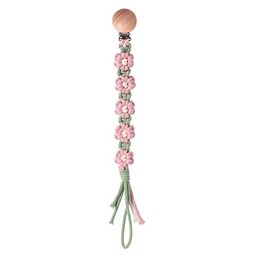 Symbolife Pacifier Clip for Boys Girls Floral Daisy Macrame Paci Clip Pacifier Holder Leash Boho Wooden Clips Handmade Braided Cotton Unisex Baby Shower Birthday Gift