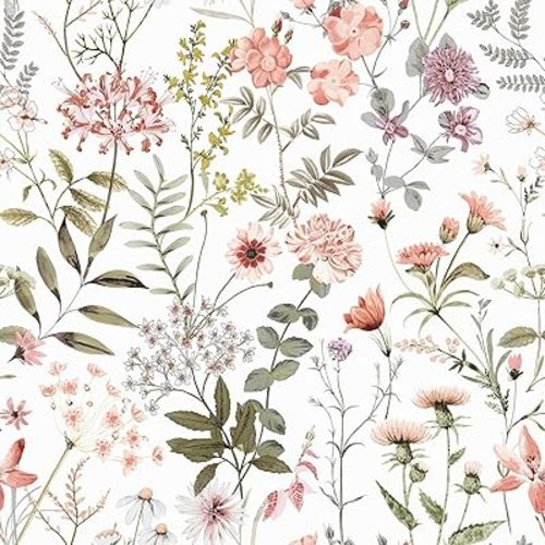 VEELIKE Vintage Peach Pink Floral Wallpaper Peel and Stick Removable Wildflowers Pink Botanical Wallpaper for Nursery Girls Bedroom 17.7''x118'' Self Adhesive Floral Contact Paper for Walls Cabinets