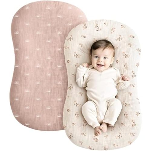 Konssy Muslin Baby Lounger Cover 2 Pack, 100% Cotton Newborn Lounger Cover, Soft and Breathable Baby Nest Slipcover for Boys Girls (Pink Sun,Khaki Leaf)