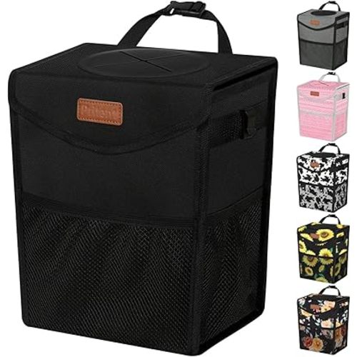 Car Trash Can with Lid, Cute Leakproof Car Trash Garbage Bag Hanging Vehicle Trash Bin Small Portable Automotive Garbage Cans Organizer for Back/Front Seat/Console(Trapezoid,Black)