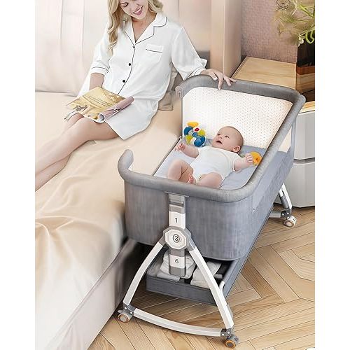 4 in 1 Baby Bassinet & Bedside Sleeper with Soft Mattress, Ultra-Breathable & Washable, Removable Mosquito Net, 6 Height Adjustable, Rocking Mode, Storage Basket, Wheels, Easy Assemble & Folding