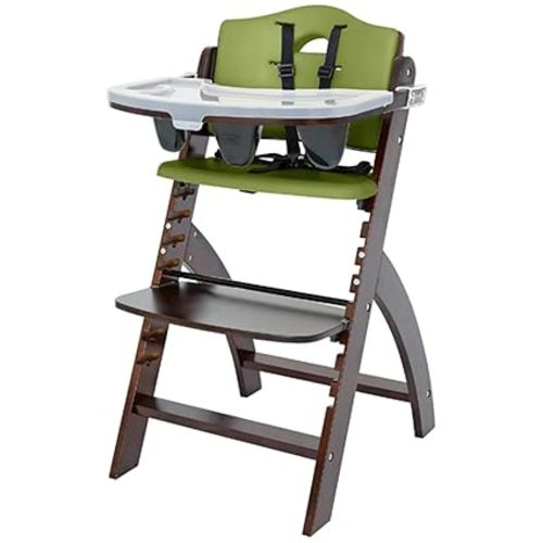 Abiie Beyond Junior Wooden High Chair with Tray - Convertible Baby Highchair - Adjustable High Chair for Babies/Toddlers/6 Months up to 250 Lbs - Stain & Water Resistant Mahogany Wood/Olive Cushion