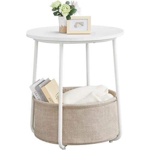 VASAGLE Small Round Side End Table, Modern Nightstand with Fabric Basket, Matte White and Camel Brown ULET223W10