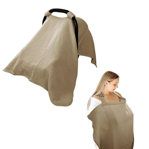 Hooyax 2-in-1 Baby Car Seat Cover & Nursing Cover, 100% Muslin Cotton, Breathable Car Seat Canopy and Privacy Breastfeeding Cover, Brown