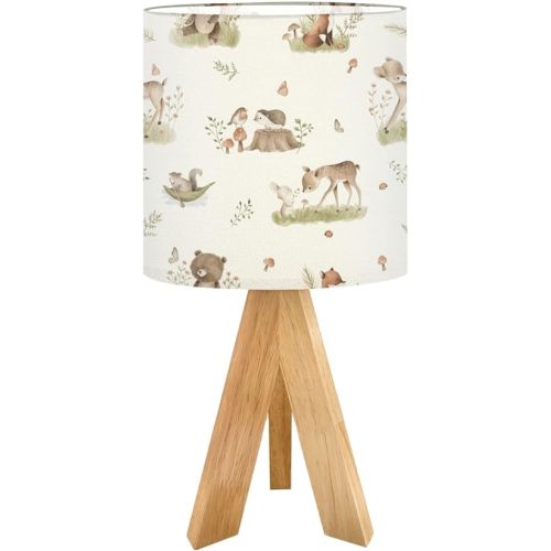 Cute Kids Bedside Desk Table Lamp Woodland Animals Watercolor Forest Baby Seamless Children Nightstand Lamp, Tripod Small Night Lights Linen for Nursery Room Bedroom Dorm Decor