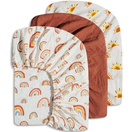 3 Pack Muslin Crib Sheets Boho Fitted Gender Neutral Mattress Cotton Sheets for Baby Boy or Girl Soft Breathable Baby Toddler Sheets with Boho Sun and Rainbows (3 Pack Crib Sheet)