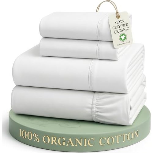 LANE LINEN King Sheets 100% Organic Cotton 4pc Percale Cooling Soft - White