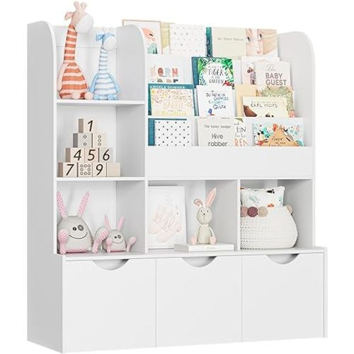 FOTOSOK 47'' Kids Bookcase and Bookshelf, Multifunctional Bookcase with 5 Storage Cubbies and 3 Movable Drawers, Bookcase Display Stand, Toy Storage Organizer for Bedroom, Playroom, Hallway, White