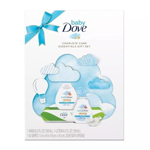 Dove Baby Complete Care Essentials Gift Set - Dove Baby Body Wash, Dove Baby Lotion, Pack of Dove Baby Wipes, and a Dove-Shaped Baby Bath Sponge (4 Piece Set)