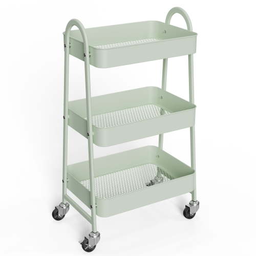 edx 3 Tier Rolling Cart, Metal Utility Cart Storage Organizer with Lockable Casters, Multi-Functional Mesh Rolling Storage Cart for Kitchen Office, Green