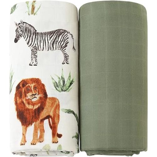LifeTree Muslin Swaddle Blankets, Woodland Baby Swaddling Neutral Receiving Blanket for Boys & Girls, 70% Viscose from Bamboo and 30% Cotton, Large 47 x 47 inches Safari Jungle/Olive Green