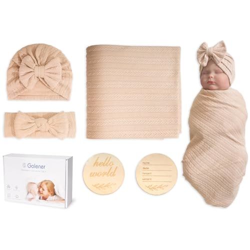 Baby Swaddle Set Newborn - Receiving Headband Blankets and Bow Hat,Newborn Essentials, Soft Nursery Swaddling Blankets,Stretchy Baby Blankets for Girls and Boys Unisex(Light Brown)