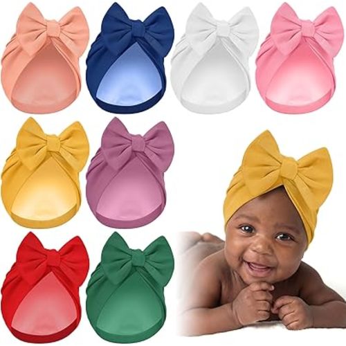 6/8 Pcs Newborn Satin Bonnet for 0-6 Months Silky Satin Lined Stretchy Baby Turban Hats with Bow for Infant Toddler
