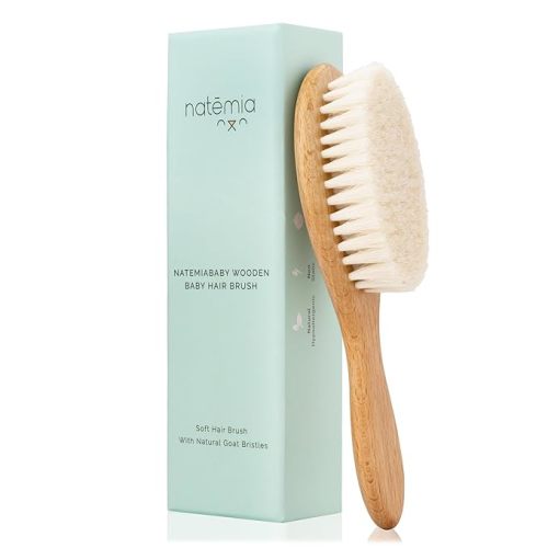 Natemia Wooden Baby Hair Brush - Oval, Brown, Goat Bristles - Gentle Soft Bristles for Scalp Massage - Cradle Cap Comb for Flake Removal - For Baby Grooming Kit & Toddler Hair Brush