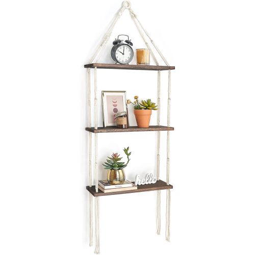 Mkono Macrame Wall Hanging Shelf 3 Tier Wood Floating Shelves with Cute Woven Rope Boho Room Decor Display Photos Plant Hanging Storage Shelves for Bathroom, Bedroom, Living Room, Nursery