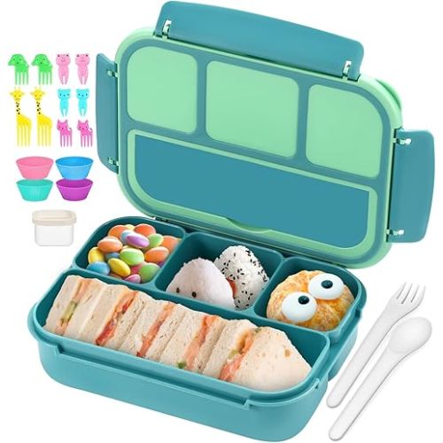 QQKO Bento Box for Kids Adults, School Toddler Lunch Box for Boys Girls, Lunch Box Containers with 4 Compartments, Sauce Container, Utensils, Food Picks and Muffin Cups for School, Green