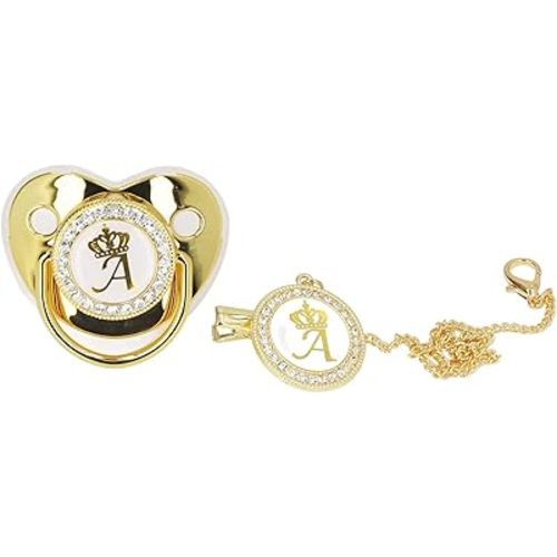 Golden Letter Baby Pacifier, Personalized Bling Pacifier with Pacifier Clips and Anti-Dust Cover for Baby Shower Newborn Birthday Photography(Letter A)