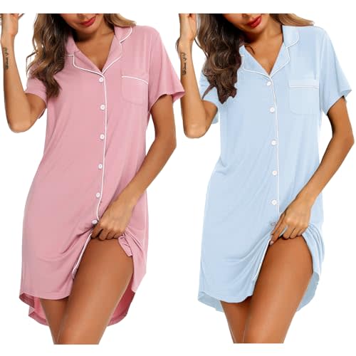 Samring 2 Pack Nightgowns for Women Short Sleeve Sleepwear Button Down Nightshirts Sleep Shirts Boyfriend Pajama Dress
