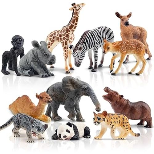 Toymany 12PCS Forest Animals Baby Figurines, Realistic Woodland Animals Figures Toys Includes Elephant, Mountain Lion, Giraffe and Deer Cubs, Cake Toppers Christmas Birthday Gift for Kids Toddlers