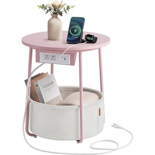 VASAGLE Side Table with Charging Station, Round End Table With Fabric Basket, Nightstand with Power Outlets USB Ports, for Living Room, Bedroom, Modern, Jelly Pink and Cream White ULET228R01