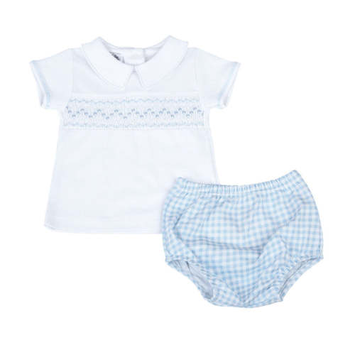 Mini Checks Smocked Short Sleeve Diaper Cover Set - Blue