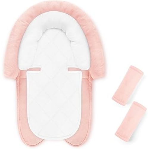 Baby Car Seat Head Body Support & Strap Covers 2 in 1 Infant Car Seat Insert, Reversible Soft Breathable Newborn Cushion Pads for Preemie, Perfect for Carseats, Strollers, Swings (Light Pink & White)