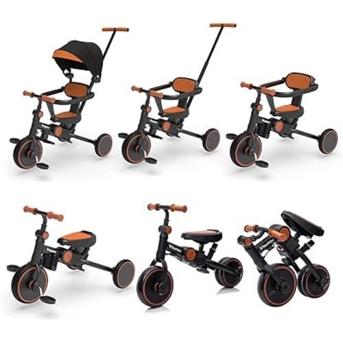 6-in-1 Kids Tricycle Baby Bike Balance Trike Toddler Tricycles Infant Trike with Adjustable Height Handle,Removable Pedal,Footrest,Safety Harness,Comfortable Seat, Canopy,Retractable Guardrai