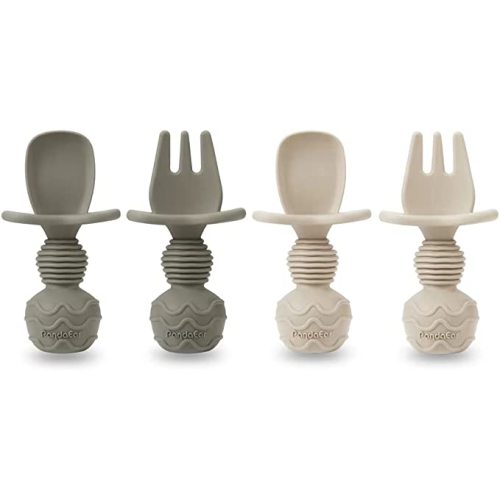 PandaEar Silicone Baby Feeding Set| 2 Pack Silicone Divided Suction Plate and 2 Pack Tiny Cup with 2 Spoons 2 Forks| Baby Led Weaning Supplies Self Feeding Eating Utensils (Light Tan/Walnut)